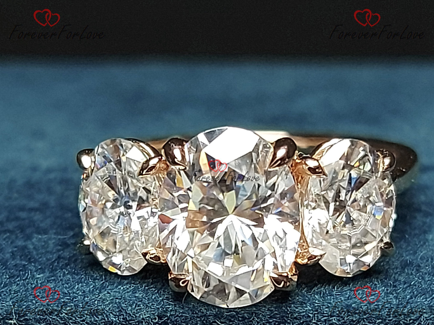 Oval Moissanite Three Stone Engagement Ring Oval cut Moissanite engagement ring in Gold or Platinum — custom handcrafted by Forever For Love