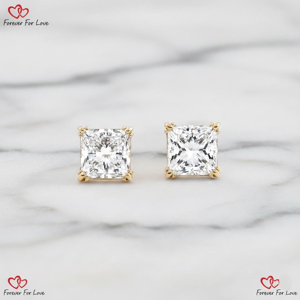 Boucles d'oreilles clous en diamant de laboratoire princesse de 4,2 TCW, de couleur E et de clarté VVS2, avec poussoirs, pour femmes et jeunes filles, boucles d'oreilles de mariage Moissanite engagement ring in Gold or Platinum — custom handcrafted by Forever For Love