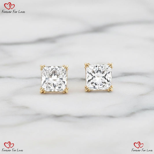 4.2 TCW Princess Diamond Stud Earrings, E, VVS2 Lab Created Diamond Push Back Earrings, Diamond Studs for Women and Girls, Wedding Earrings