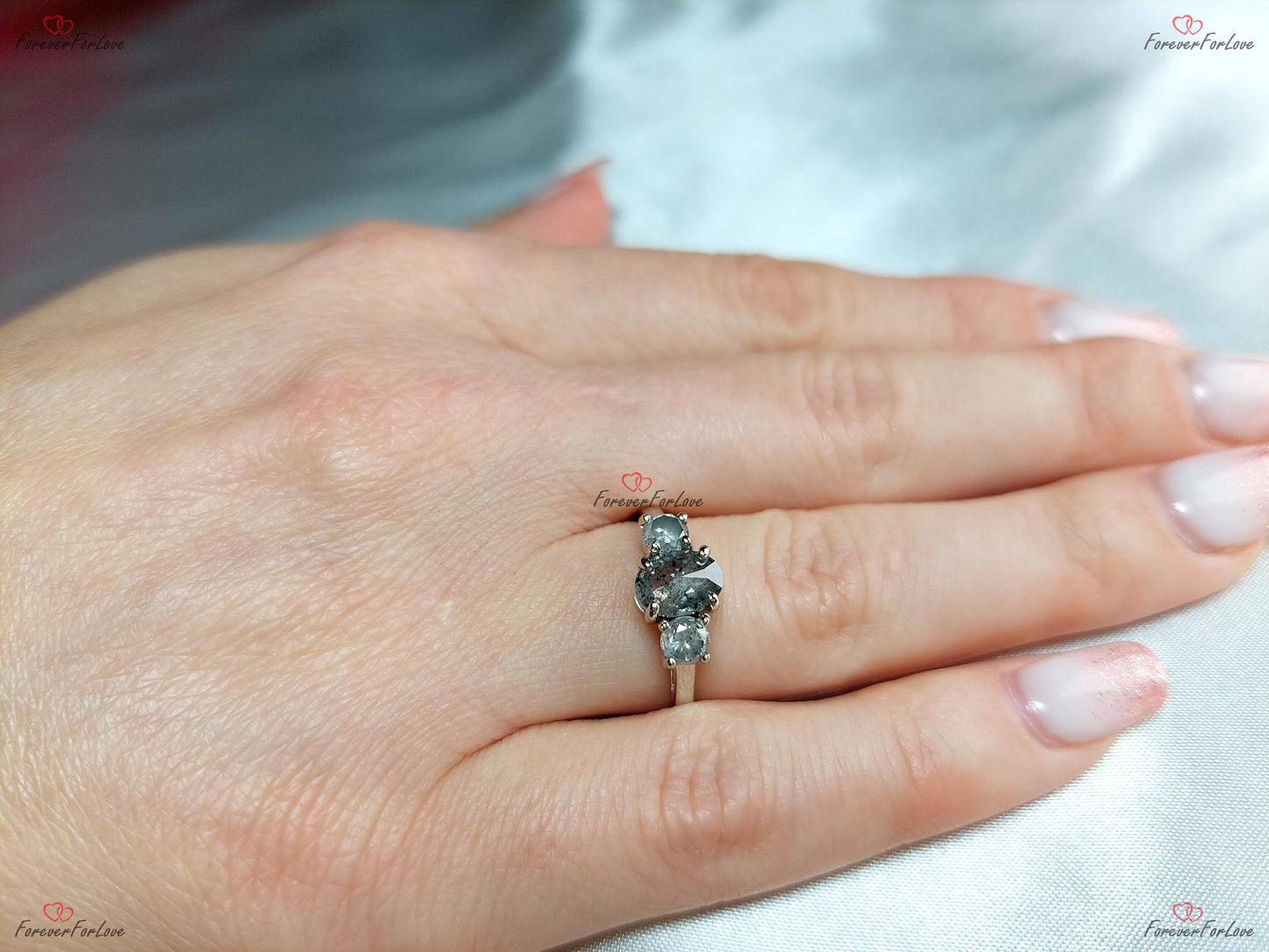 0.7 Ct Salt & Pepper Diamond Three Stone Engagement Ring Oval cut Moissanite engagement ring in Gold or Platinum — custom handcrafted by Forever For Love