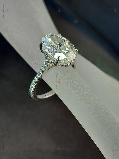 6 Ct Oval Diamond, Moissanite Hidden Halo Engagement Ring