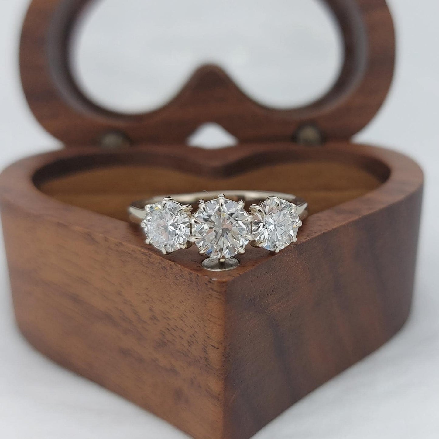 Bague de fiançailles trilogie avec diamant rond naturel Round cut Moissanite engagement ring in Gold or Platinum — custom handcrafted by Forever For Love