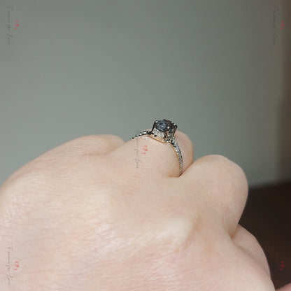 Vintage Oval rose cut salt and pepper Diamond Engagement Ring Solitaire Salt and Pepper Engagement Ring white Gold Proposal Promise Ring.