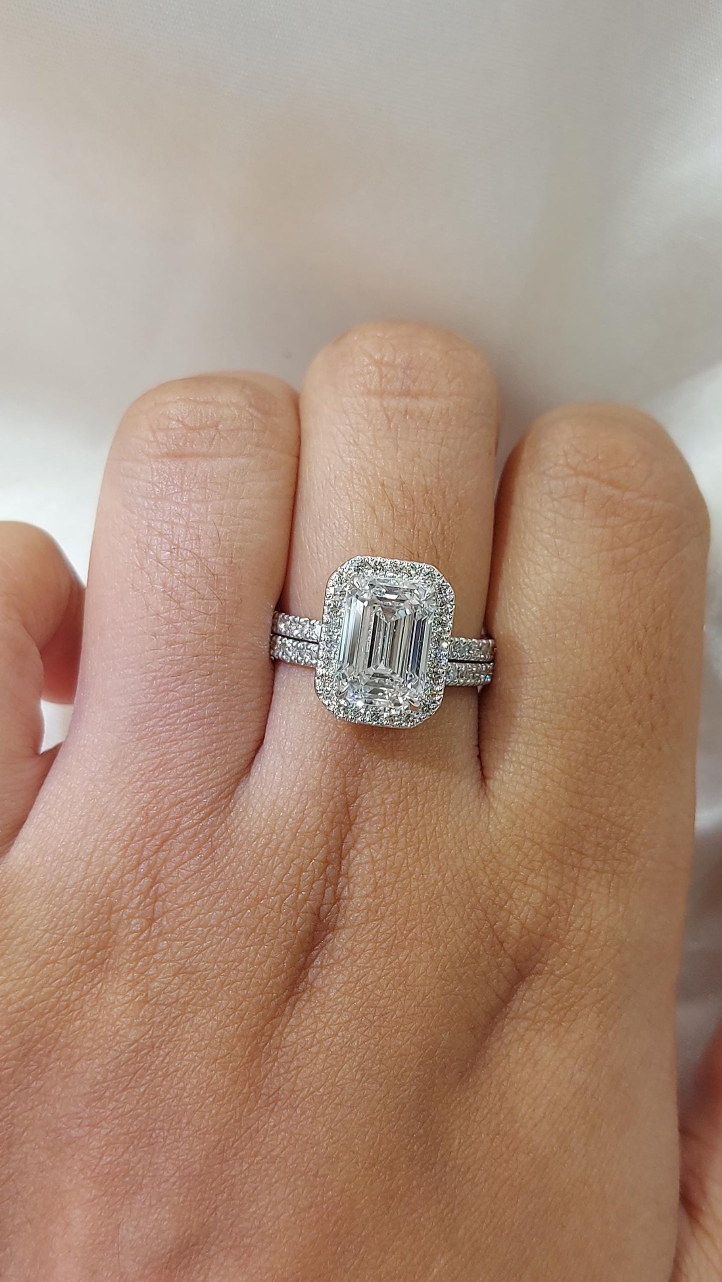 3 Ct IGI Certified Emerald Lab Diamond Halo Bridal Set with Band Emerald cut Moissanite Brilliant Cut engagement ring in 935 Argentium Silver — custom handcrafted by Forever For Love