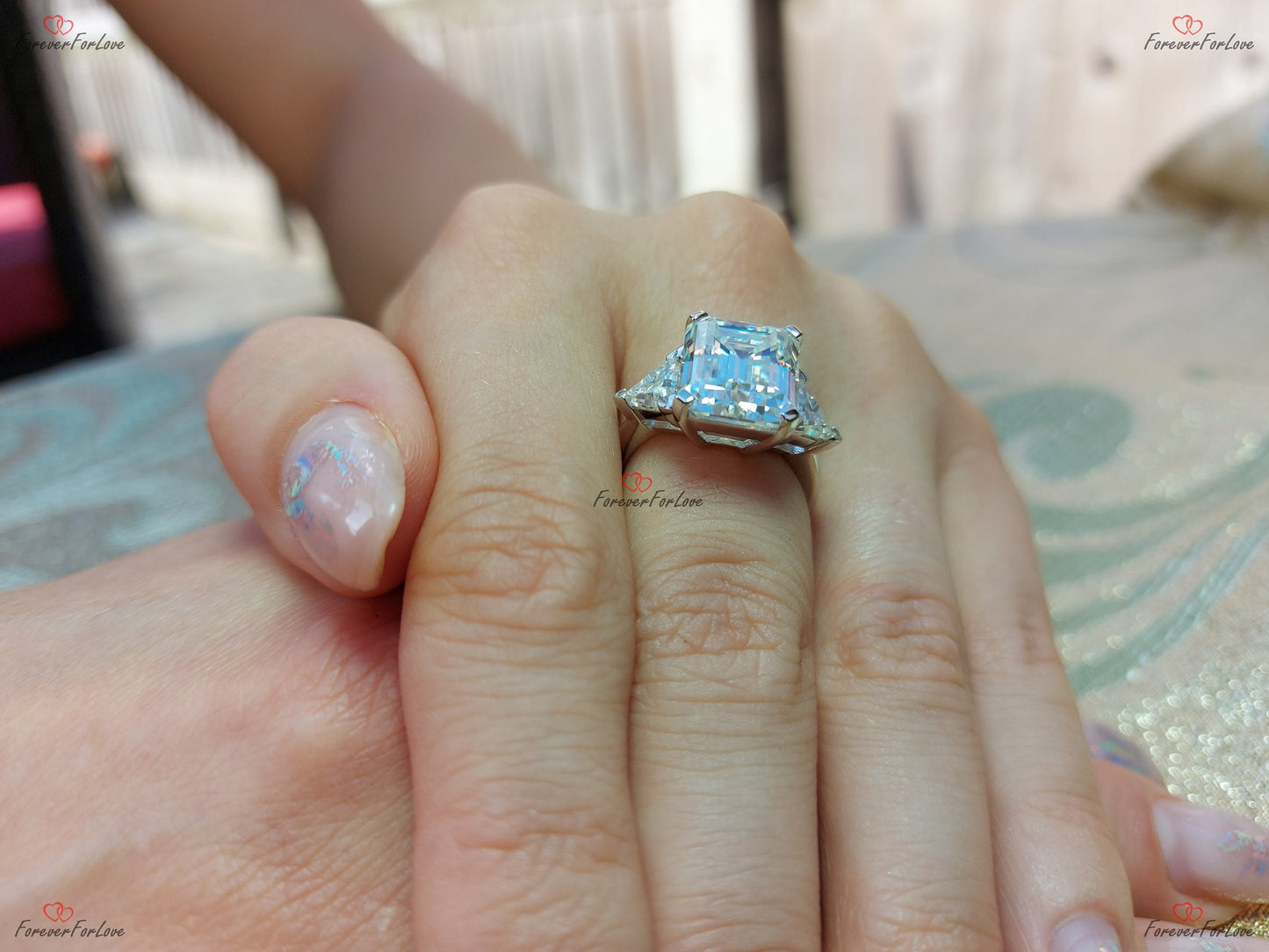 5 Ct Emerald Moissanite with Trillion Accents Three Stone Ring Emerald cut Moissanite engagement ring in Gold or Platinum — custom handcrafted by Forever For Love