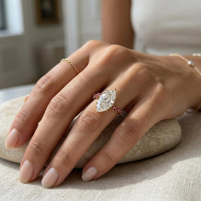 3.25 Ct IGI Certified Marquise Lab Diamond, Ruby Engagement Ring