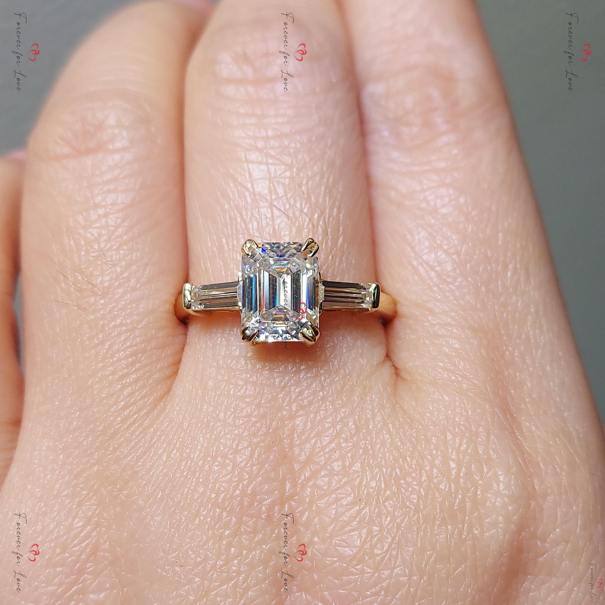 Three Stone Emerald Cut Moissanite Engagement Ring Emerald Cut and tapper baguette Moissanite Ring, Three Stone Wedding Anniversary Ring.