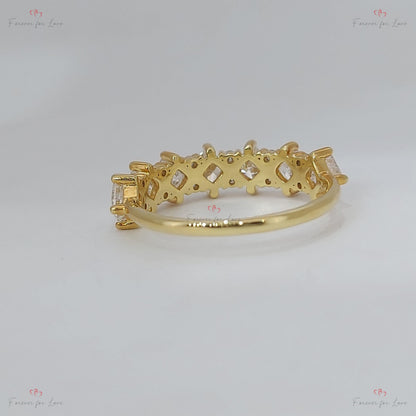 Princess Cut Diamond Half Eternity Ring 3mm 18k 14k natural Wedding Band Pave Setting. Yellow Rose White Gold Platinum certified.
