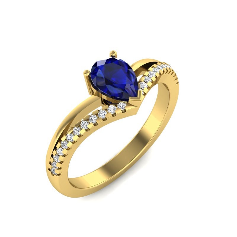 Pear Blue Diamond, Sapphire Engagement Ring Pear cut 1Ct Natural Sapphire engagement ring in 935 Argentium Silver — custom handcrafted by Forever For Love