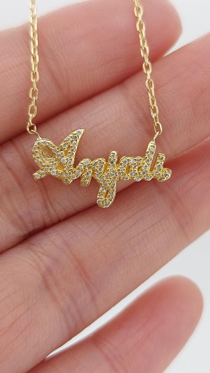 Personalisierter Namensanhänger, 14 Karat Gelbgold, zierlicher, minimalistischer Diamantanhänger, Echte Diamantbuchstaben Damenhalskette, Geburtstagsgeschenk für sie.