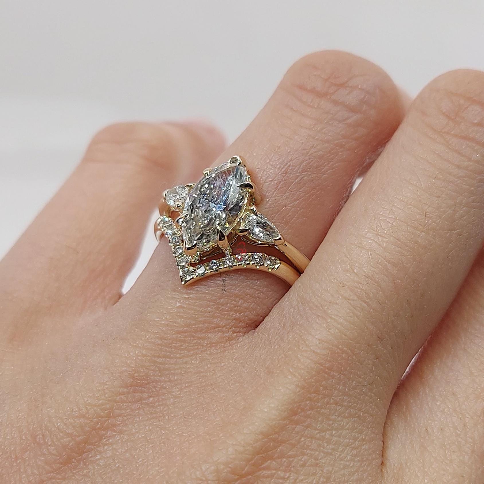 1.5 Carat Marquise Diamond Engagement ring set, Vintage Diamond Stacking ring Diamond ring,14K/18K Yellow Gold Dainty Bridal set.