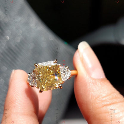 4 Ct Radiant Cut Canary Yellow Moissanite Engagement Ring, Solid Gold Promise Ring,Trillion Cut Diamond Ring, Anniversary Gift Ring for Her.