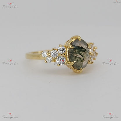 Oval Diamond, Moss Agate Engagement Ring