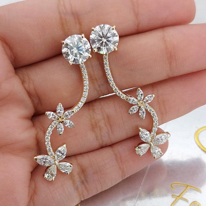 2,5 Karat Gesamt E/VVS2 Blumenranken Diamant Ohrhänger, runder, Marquise- & tropfenförmiger Labor-Diamant, Massivgold, Hängeohrringe, perfektes Geschenk