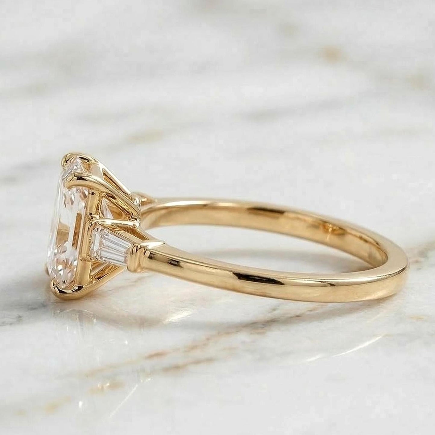 Radiant Lab Diamond Three Stone Ring Radiant cut Moissanite engagement ring in Gold or Platinum — custom handcrafted by Forever For Love