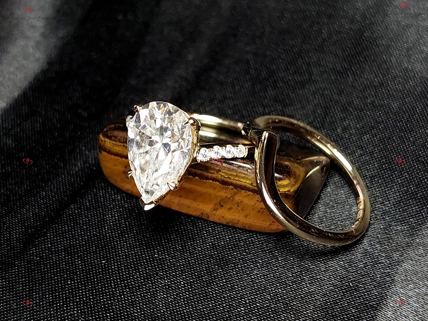 2 Ct Pear Moissanite Hidden Halo with Pavé Band Engagement Ring Pear cut Moissanite Brilliant Cut engagement ring in 935 Argentium Silver — custom handcrafted by Forever For Love