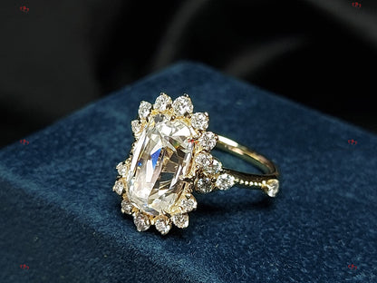 Vintage Cushion Cut Moissanite Engagement Ring, Halo Engagement Ring, Old Mine Cut Solitaire Solid Gold Solitaire Proposal Anniversary Ring.
