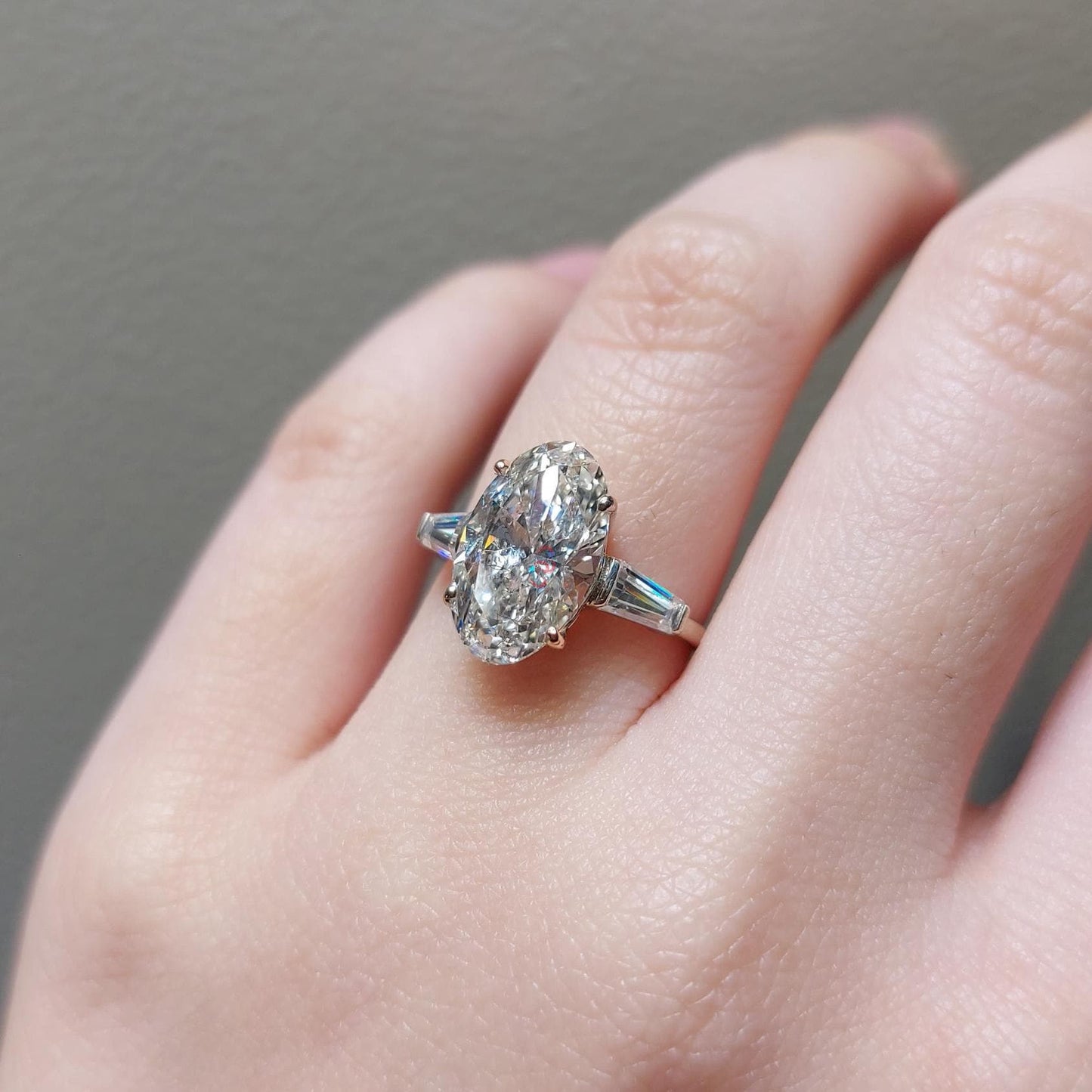 5 Ct Oval Lab Diamond Three Stone Engagement Ring Oval cut Moissanite engagement ring in Gold or Platinum — custom handcrafted by Forever For Love