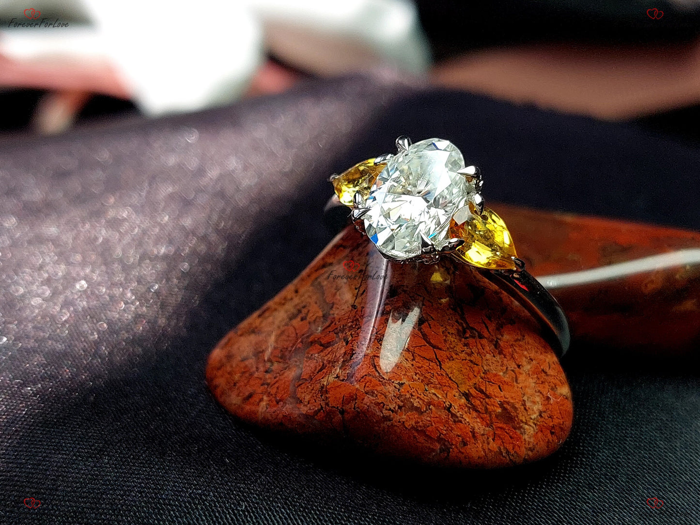 Oval Moissanite, Citrine Three Stone Engagement Ring Oval cut Moissanite engagement ring in Gold or Platinum — custom handcrafted by Forever For Love