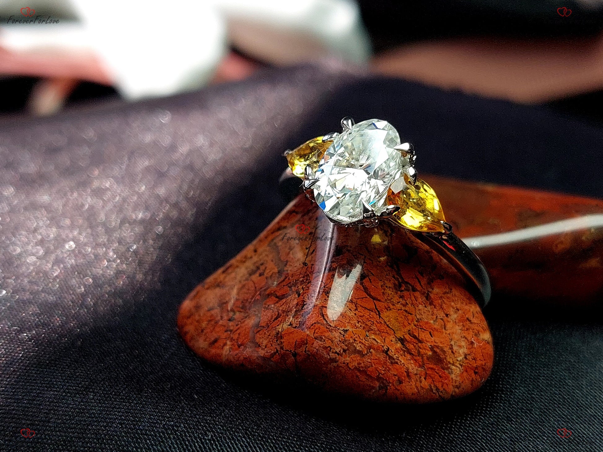 Oval Moissanite, Citrine Three Stone Engagement Ring