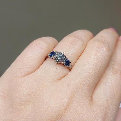 1 Ct Round Diamond, Sapphire Three Stone Ring