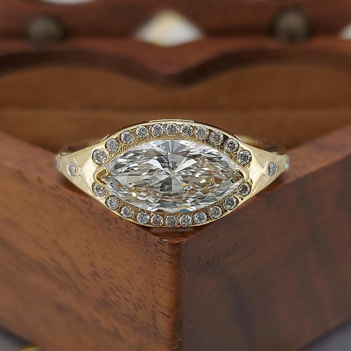 1.4 Ct Marquise Lab Diamond East-West Ring Marquise cut 1Ct Moissanite Brilliant Cut engagement ring in 935 Argentium Silver — custom handcrafted by Forever For Love