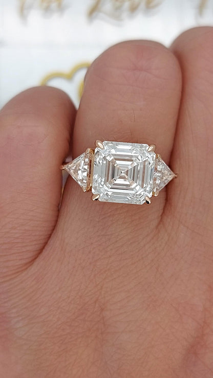 6 Ct IGI Certified Asscher Lab Diamond Three Stone Engagement Ring