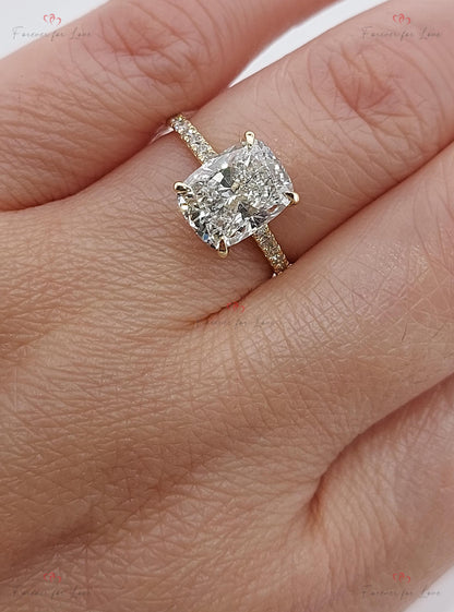3 Ct IGI Certified Cushion Lab Diamond Hidden Halo Engagement Ring