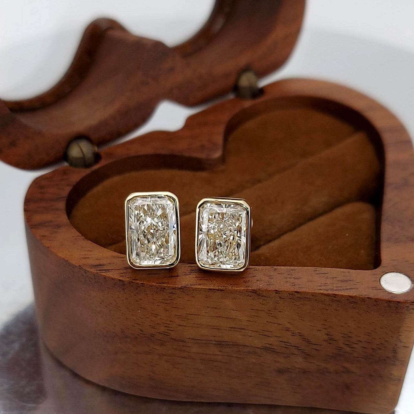 4 Carat Radiant Cut Bezel Setting Lab Grown Diamond Stud Earrings: 14K Yellow Gold, Perfect Gift for Her. 0.5 Carat Moissanite engagement ring in Gold or Platinum — custom handcrafted by Forever For Love