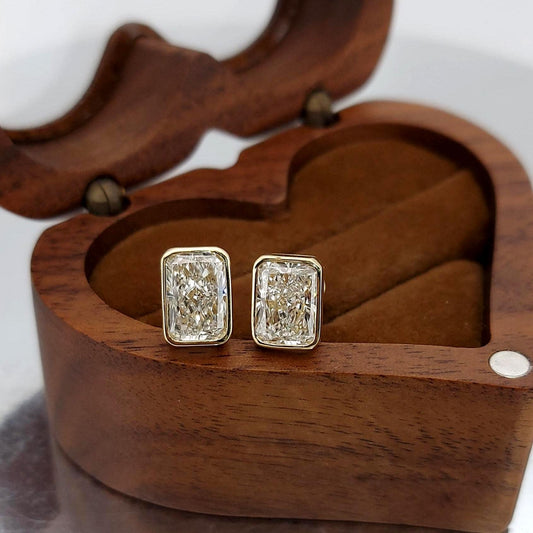 4 Carat Radiant Cut Bezel Setting Lab Grown Diamond Stud Earrings: 14K Yellow Gold, Perfect Gift for Her.