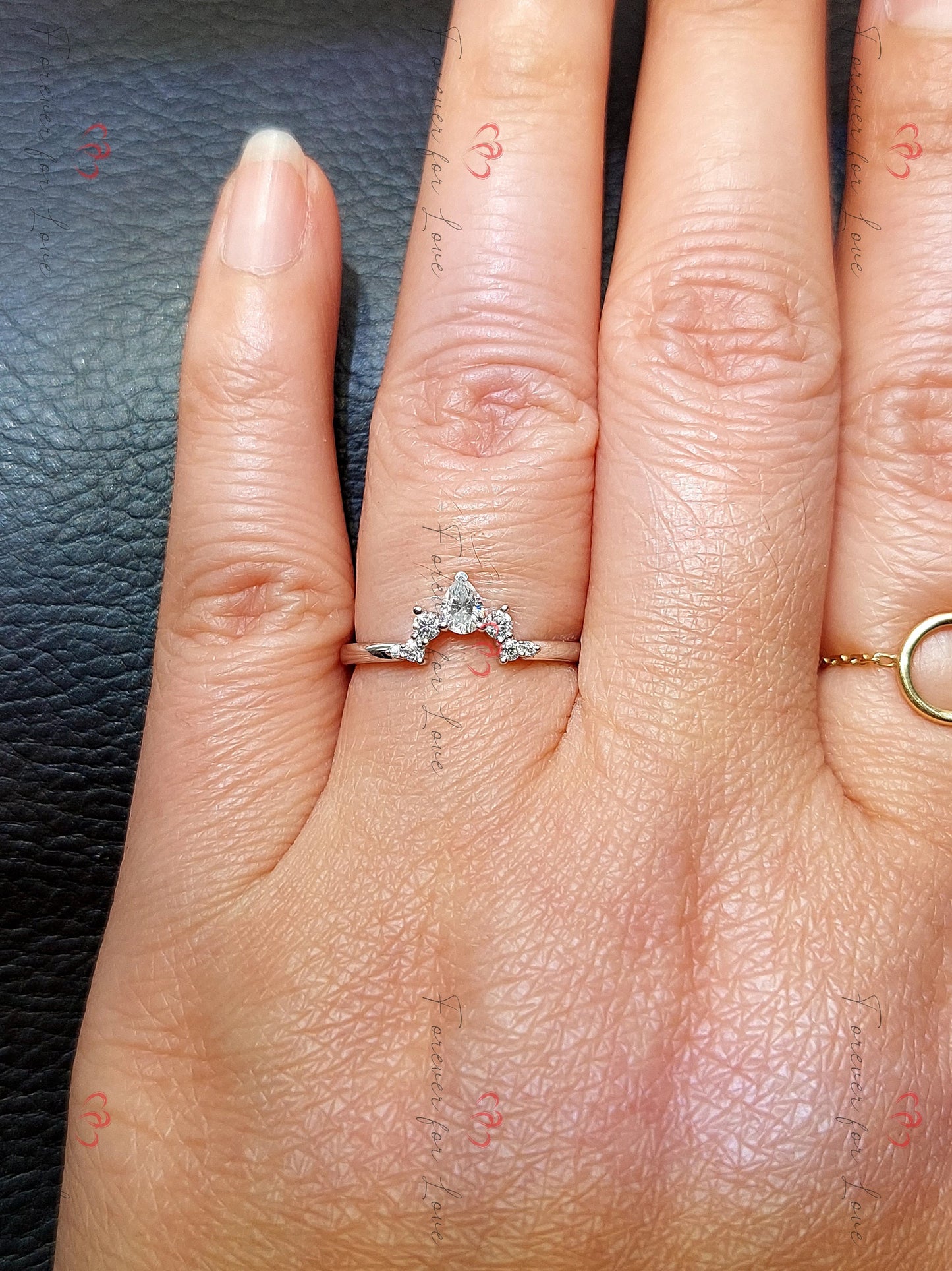 Curved wedding band, women vintage Moissanite Pear cut Diamond wedding band, Solid 14K yellow gold Bridal Stacking Anniversary ring. Pear cut Moissanite Brilliant Cut engagement ring in 935 Argentium Silver — custom handcrafted by Forever For Love