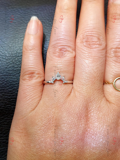 Curved wedding band, women vintage Moissanite Pear cut Diamond wedding band, Solid 14K yellow gold Bridal Stacking Anniversary ring.