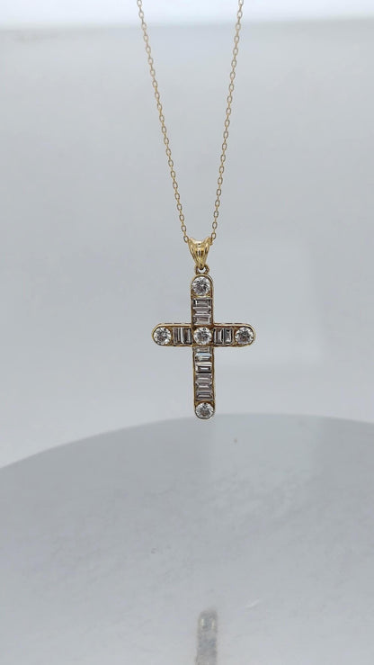 14 Karat Massivgold Baguette- und Rundkreuz-Halskette für Damen, anpassbarer Kreuzanhänger, religiöser Schmuck, christlicher Glaubensanhänger, Geschenk