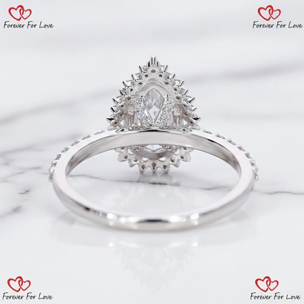 2 Ct IGI Certified Pear Lab Diamond Halo Engagement Ring Pear cut 1Ct Moissanite Brilliant Cut engagement ring in 935 Argentium Silver — custom handcrafted by Forever For Love