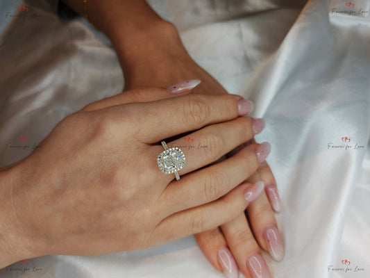 Cushion Diamond, Moissanite Hidden Halo Engagement Ring