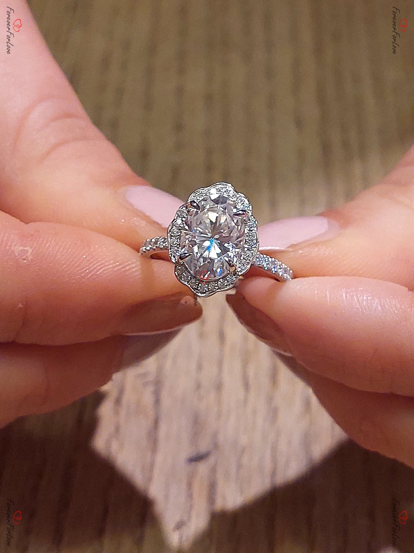2 Ct Oval Moissanite Floral Halo Ring Oval cut 1Ct Moissanite Brilliant Cut engagement ring in 935 Argentium Silver — custom handcrafted by Forever For Love