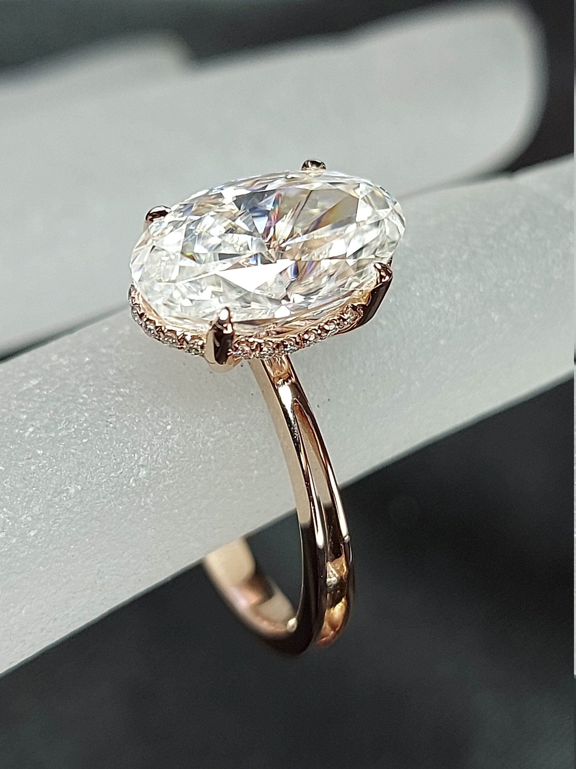 Oval Diamond, Moissanite Hidden Halo Engagement Ring