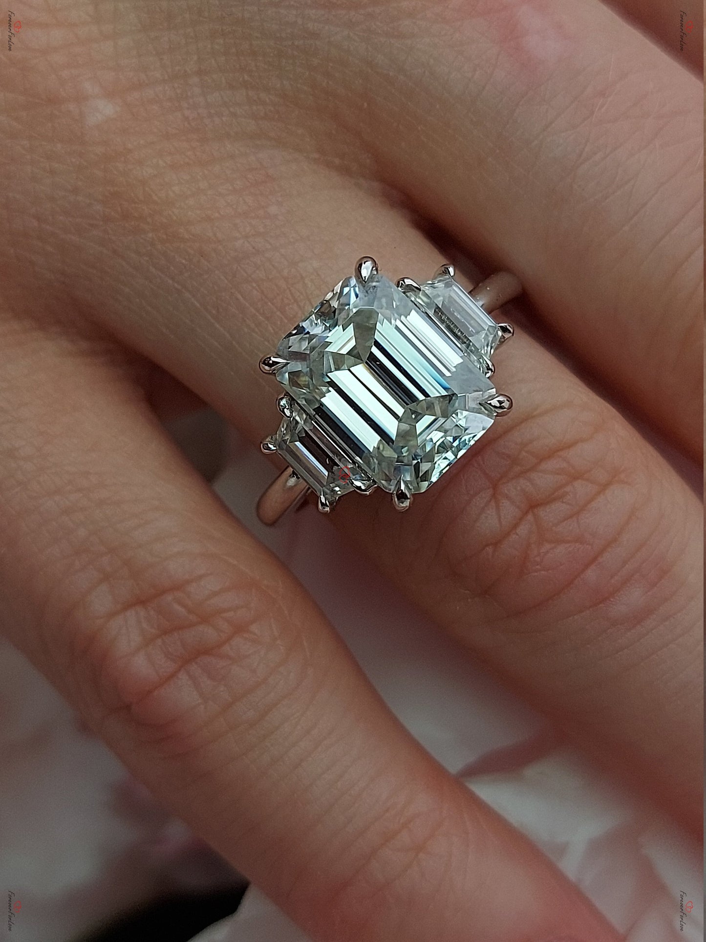 5 Ct Emerald Moissanite Trapezoid Three Stone Ring Emerald cut Moissanite engagement ring in Gold or Platinum — custom handcrafted by Forever For Love