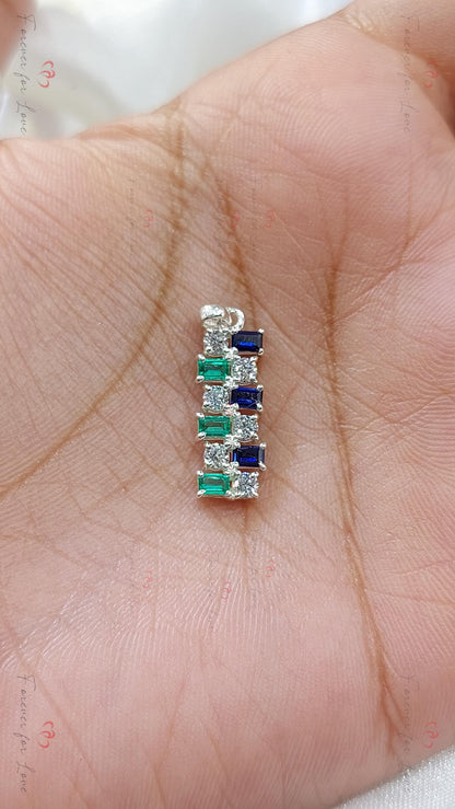 Laborgezüchteter Smaragd- und Saphir-Diamant-Anhänger, Halskette aus 18K Weißgold, asymmetrischer Art Deco Anhänger, minimalistische elegante Halskette für sie