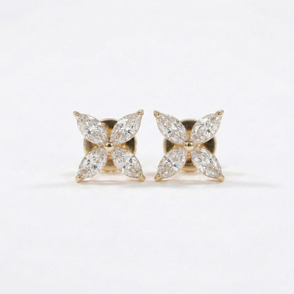 14K Gold Marquise-geschliffene Blumen-Diamantohrringe, Labordiamantstecker, im Labor gezüchteter Diamant, Ohrstecker aus massivem Gold, Blumenohrringe, perfektes Geschenk