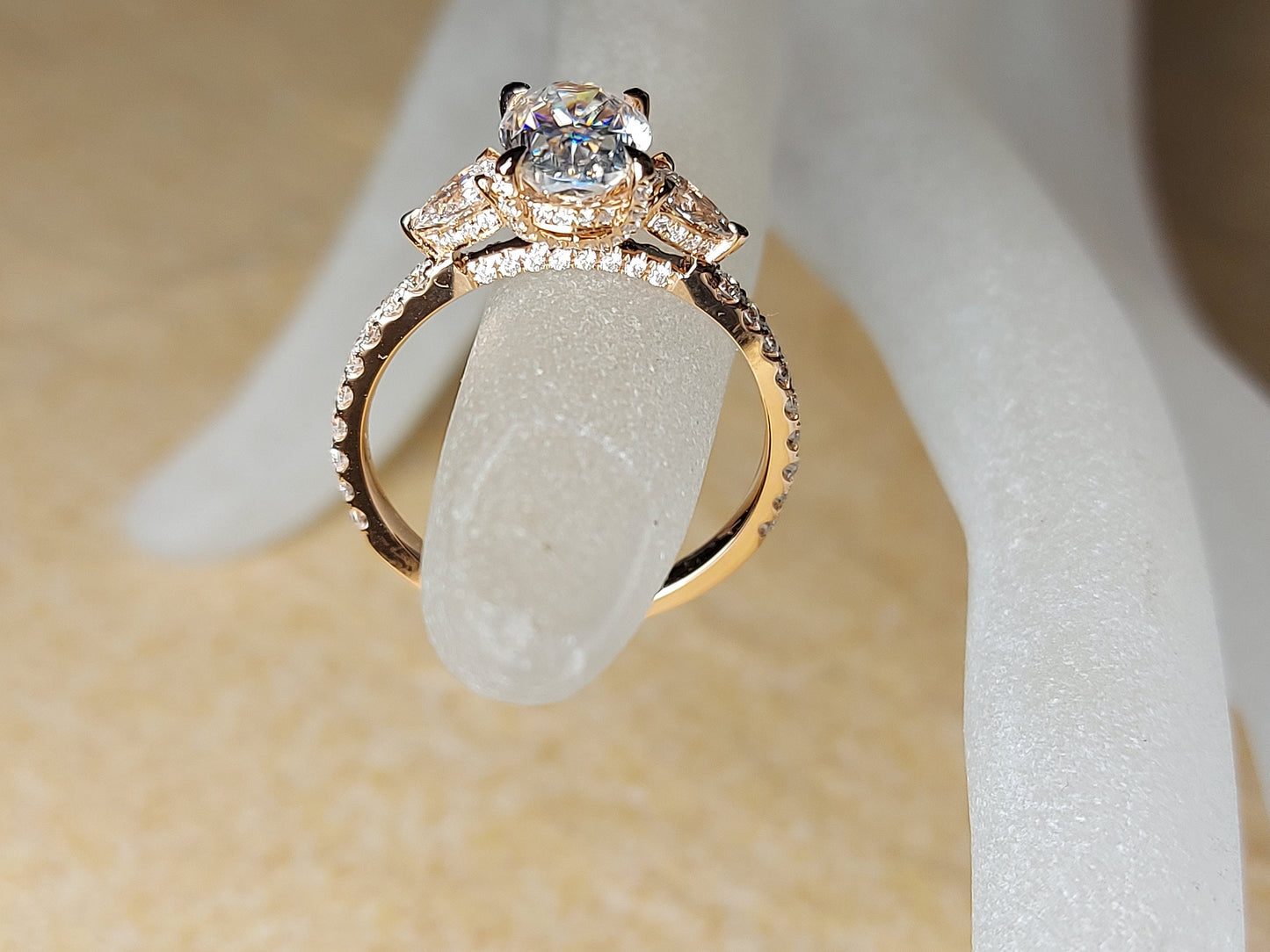 1.5 Ct Oval Diamond, Moissanite Three Stone Engagement Ring Oval cut Moissanite engagement ring in 14K Rose Gold — custom handcrafted by Forever For Love