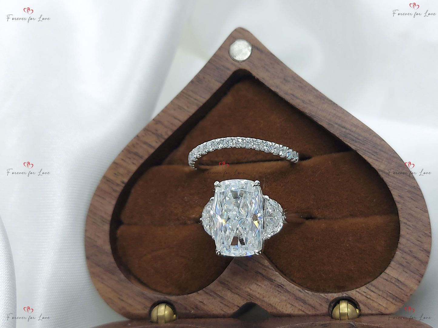 4.6 Ct Cushion Moissanite Three Stone Ring Cushion cut Moissanite Brilliant Cut engagement ring in 935 Argentium Silver — custom handcrafted by Forever For Love