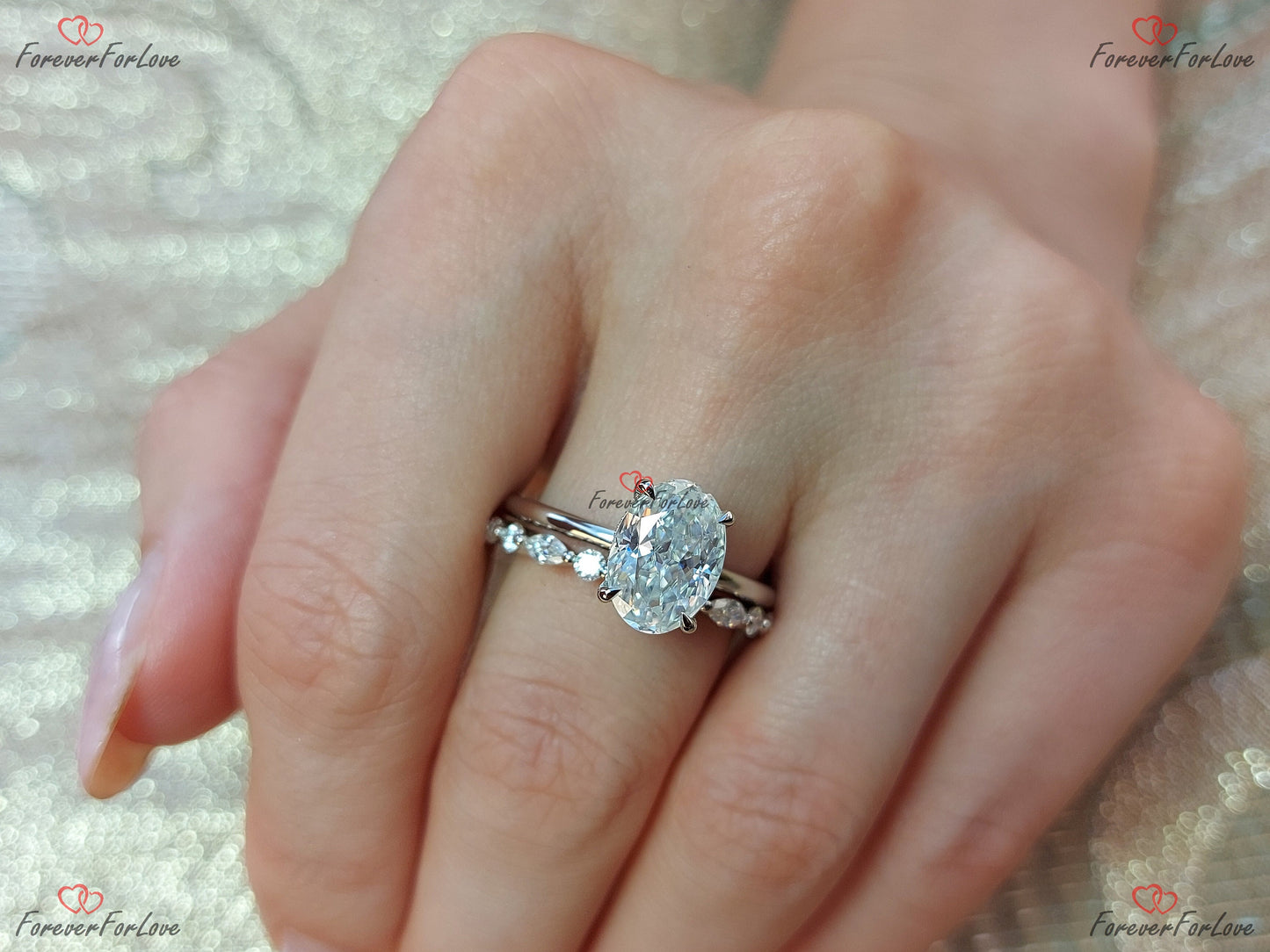 Bague alliance éternité ovale moissanite 3 carats Oval cut Moissanite taille brillant engagement ring in Gold or Platinum — custom handcrafted by Forever For Love