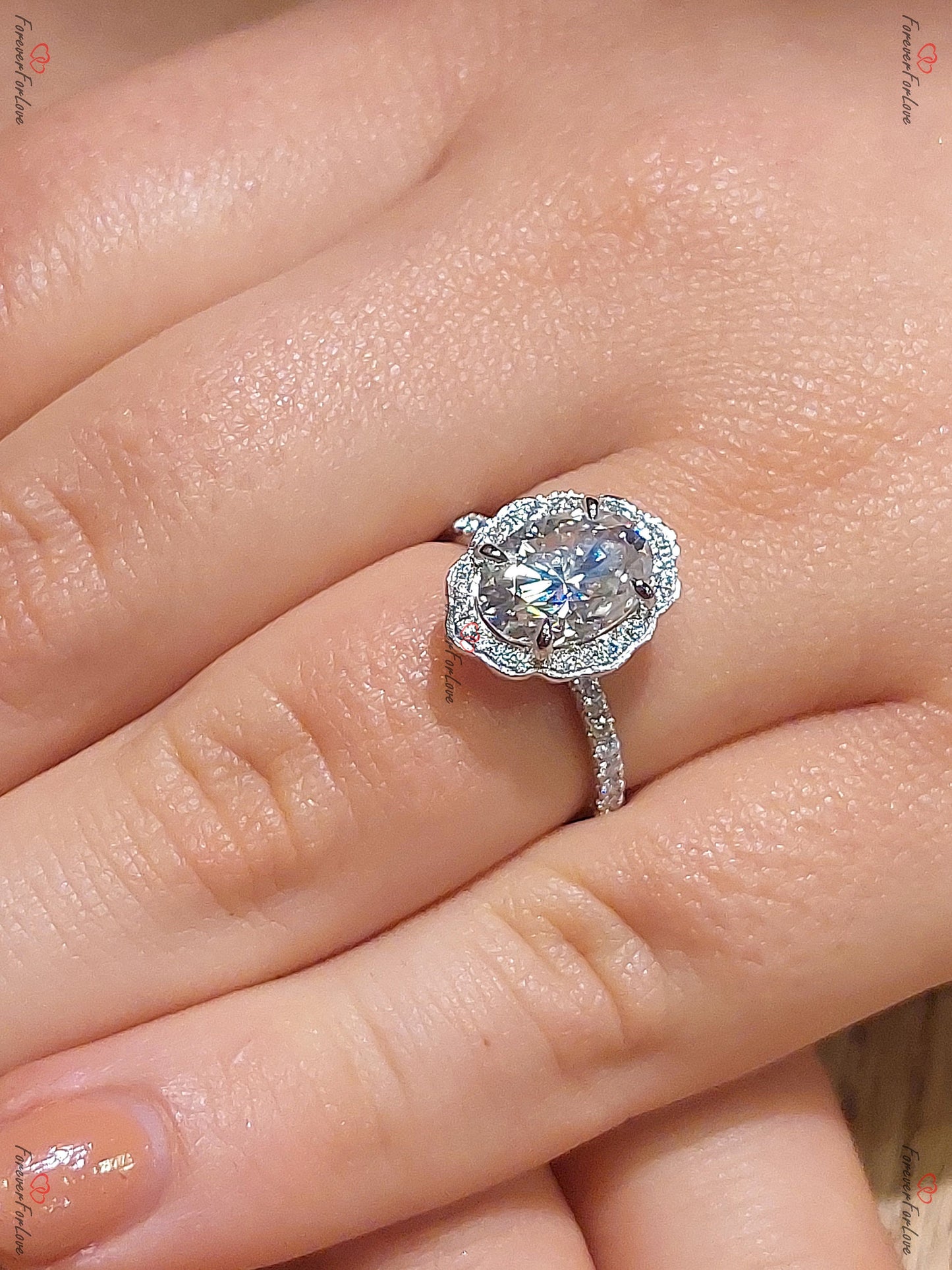 2 Ct Oval Moissanite Floral Halo Ring Oval cut 1Ct Moissanite Brilliant Cut engagement ring in 935 Argentium Silver — custom handcrafted by Forever For Love