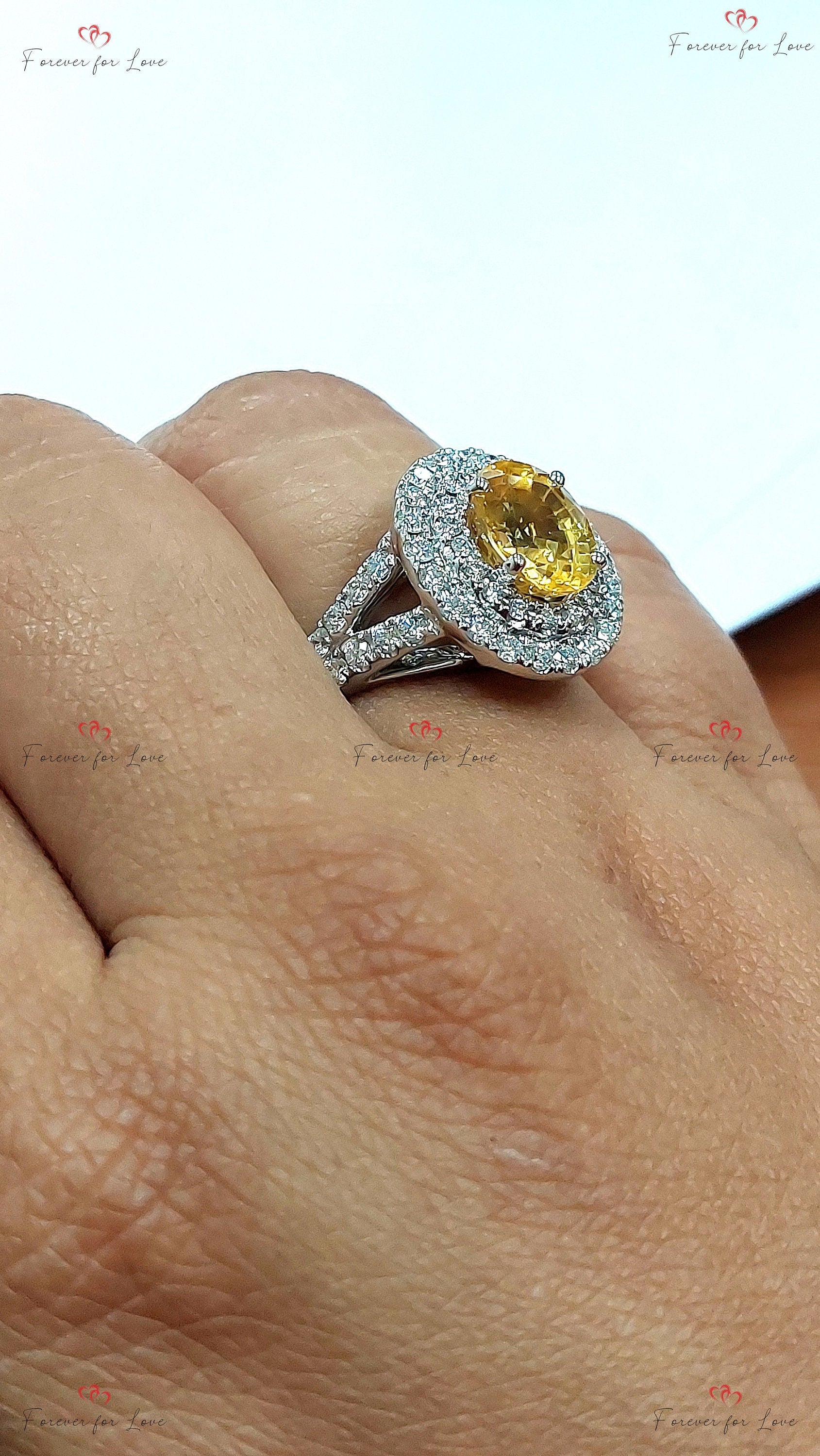 1 Ct Oval Yellow Natural Diamond, Sapphire Halo Engagement Ring