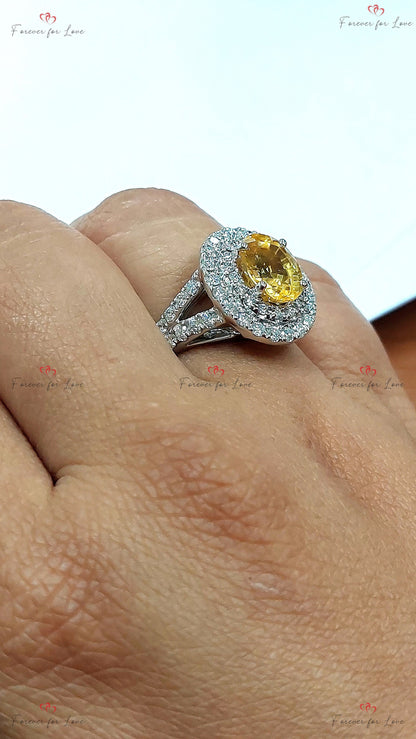 1 Ct Oval Yellow Natural Diamond, Sapphire Halo Engagement Ring