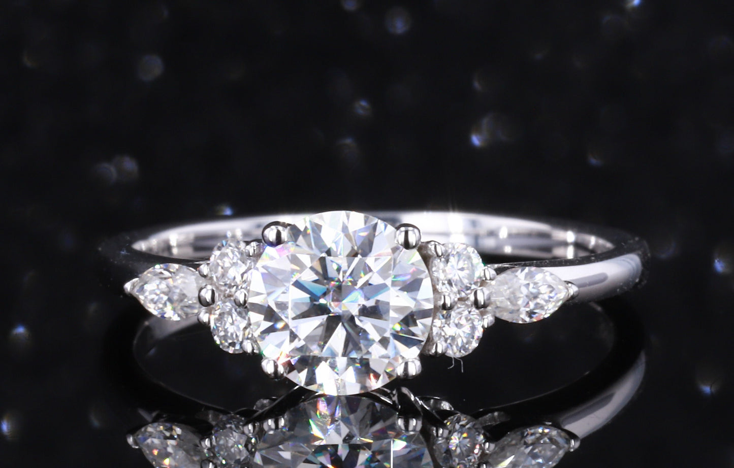 Bague de fiançailles trois pierres à diamant naturel taille marquise Marquise cut Moissanite engagement ring in Gold or Platinum — custom handcrafted by Forever For Love