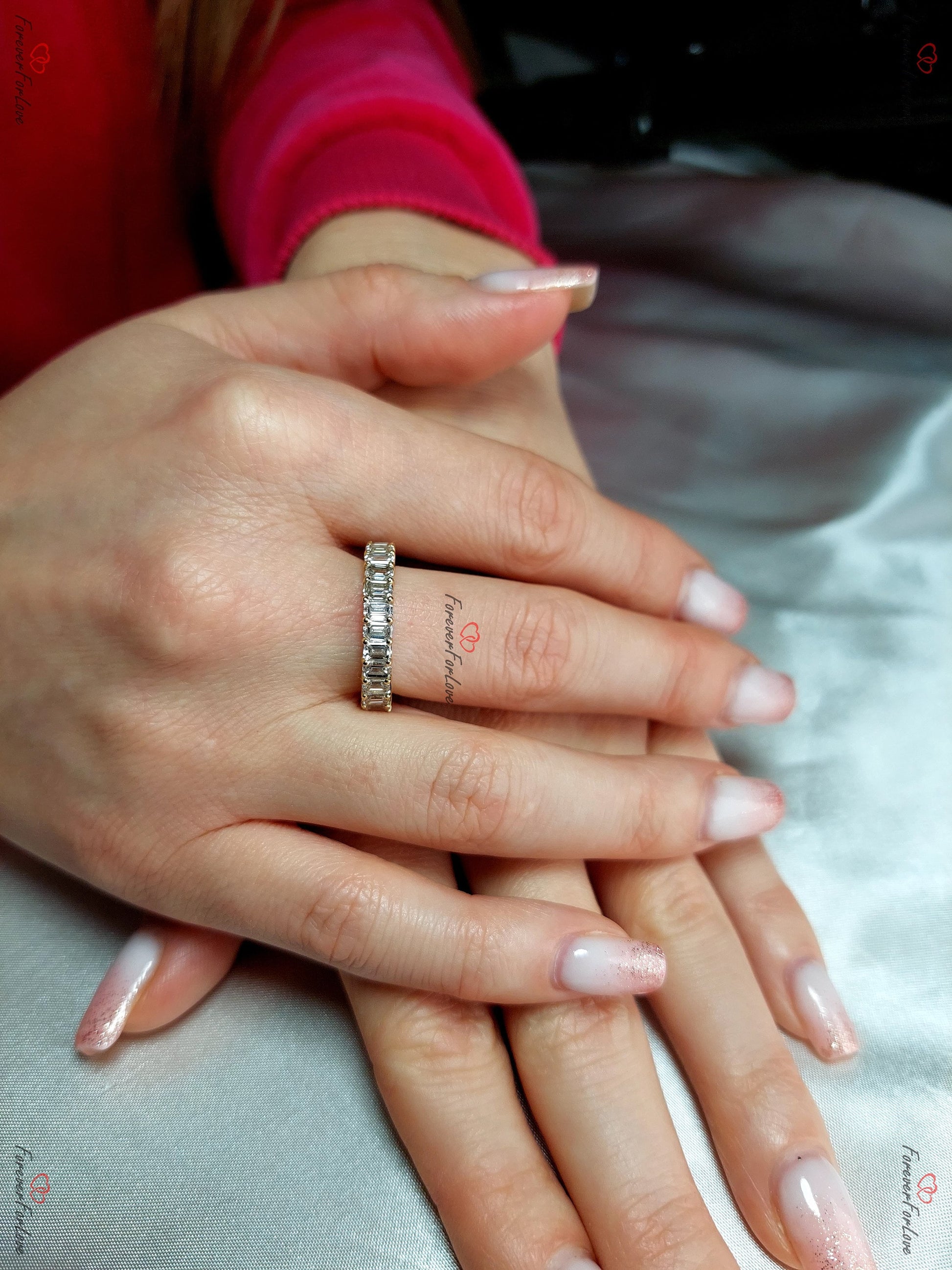 Emerald cut Diamond wedding band, 0.25 CT each CVD Emerald Cut Diamond Band, Half eternity wedding band Matching bridal Band Stacking Band.