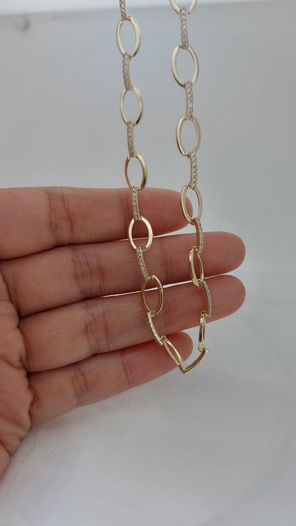 Halskette mit Büroklammerkette aus 14 Karat Massivgold, zarte Goldkette, Echte Diamant-Pave-Halskette/Diamantketten-Halskette, Jubiläumsgeschenk.