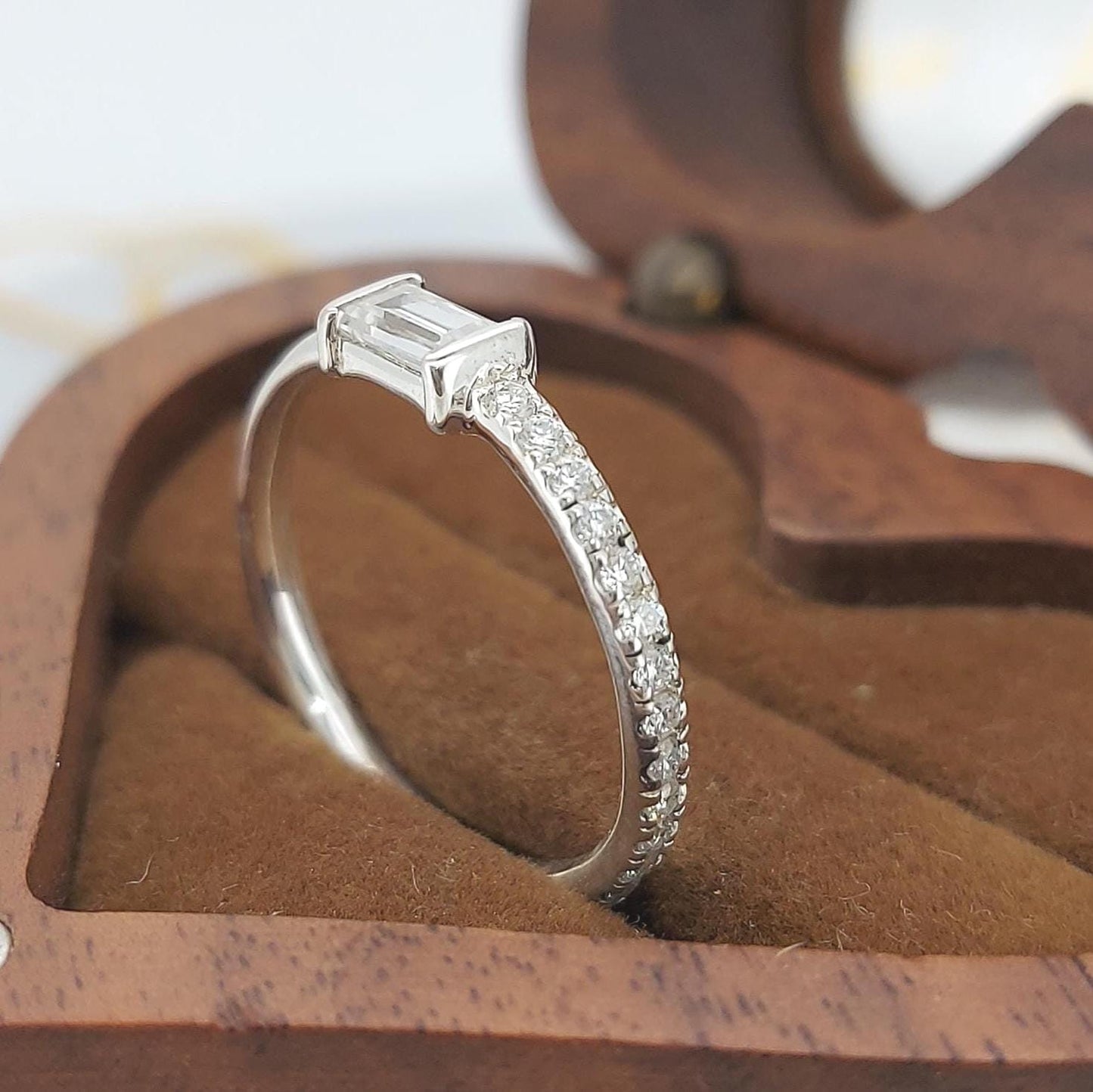 Baguette Lab Diamond Stacking Ring Baguette cut Moissanite Brilliant Cut engagement ring in 935 Argentium Silver — custom handcrafted by Forever For Love